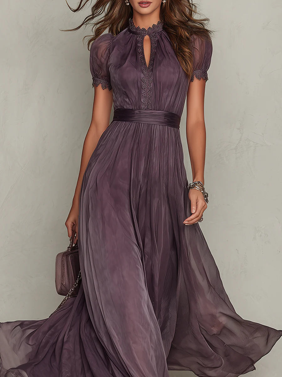 Flavia • Long violet dress with teardrop neckline and chiffon lace trim