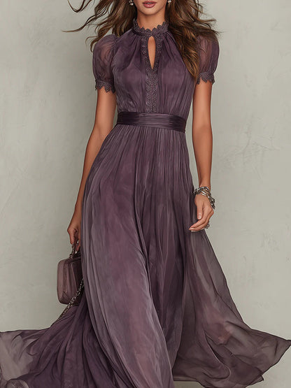 Flavia • Long violet dress with teardrop neckline and chiffon lace trim