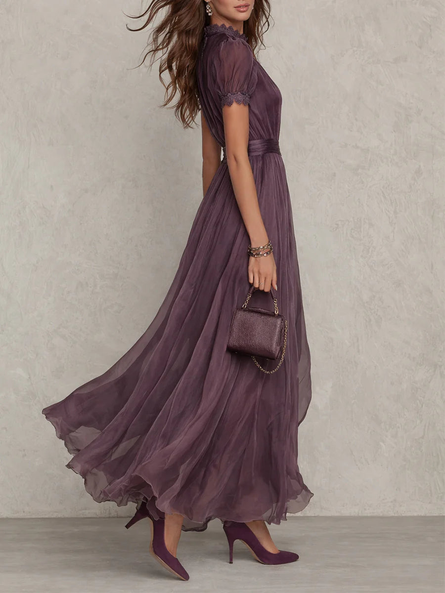 Flavia • Long violet dress with teardrop neckline and chiffon lace trim