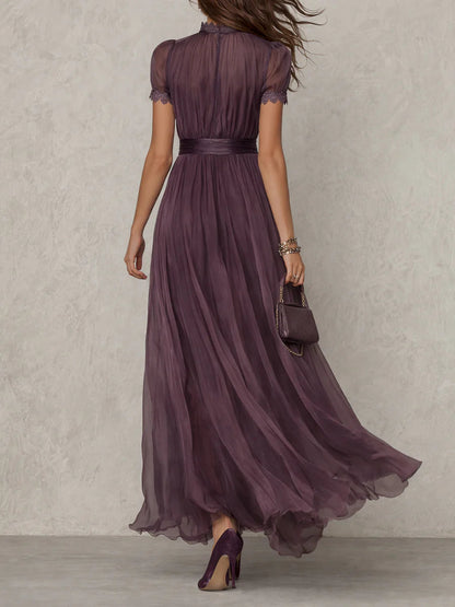 Flavia • Long violet dress with teardrop neckline and chiffon lace trim