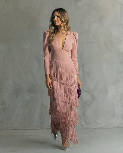 Alessia - Elegant midi dress with fringe sleeves