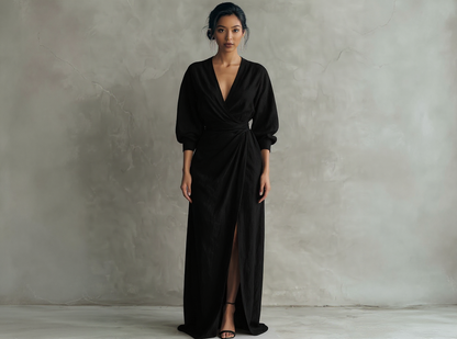 Pink Minimalist Maxi Dress with V-Neck in Mixed Linen for Women
