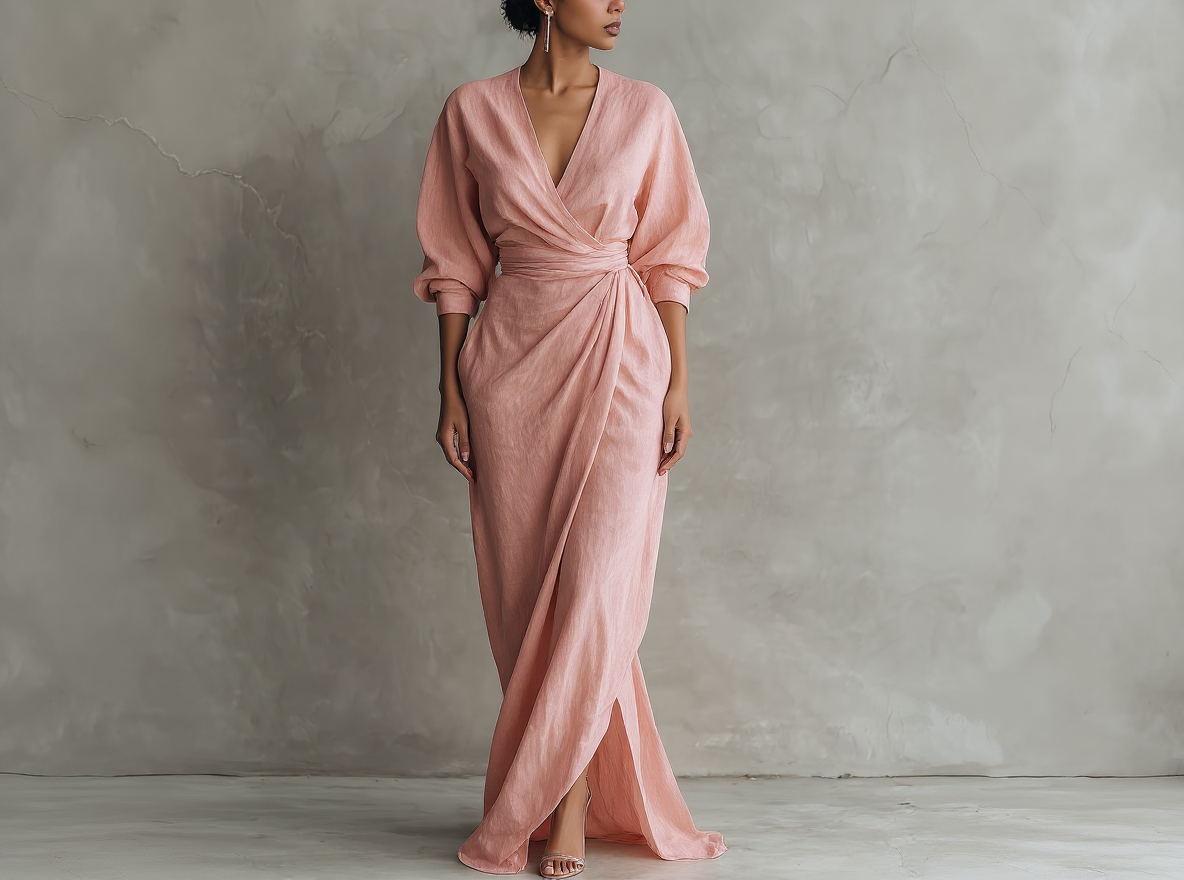 Pink Minimalist Maxi Dress with V-Neck in Mixed Linen for Women