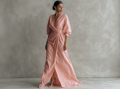 Pink Minimalist Maxi Dress with V-Neck in Mixed Linen for Women