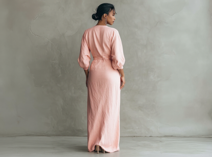 Pink Minimalist Maxi Dress with V-Neck in Mixed Linen for Women