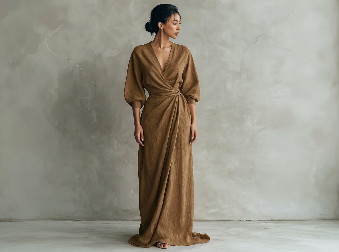 Pink Minimalist Maxi Dress with V-Neck in Mixed Linen for Women