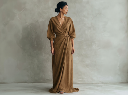 Pink Minimalist Maxi Dress with V-Neck in Mixed Linen for Women