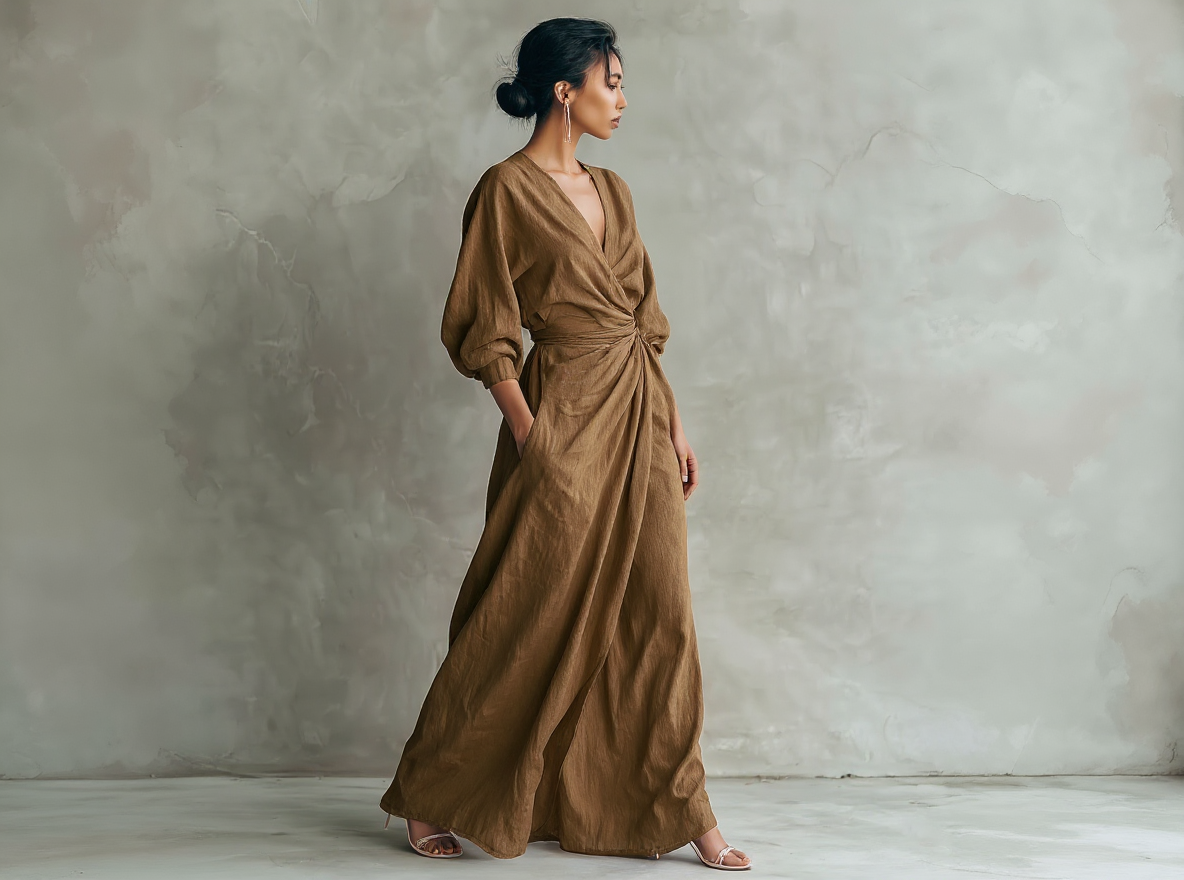 Pink Minimalist Maxi Dress with V-Neck in Mixed Linen for Women